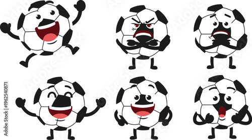 Collection of cute soccer ball mascot characters with various emotions including happy angry surprised and cheerful expressions for sports themed branding and kids football vector illustration.