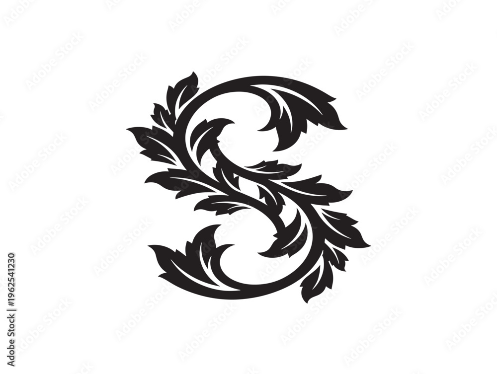 Fototapeta premium Artistic leaf swirl monogram silhouette for personalized initial designs