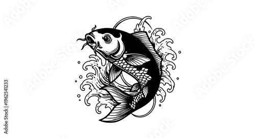 Dynamic koi fish tattoo vector with wave elements in traditional style isolated on white background