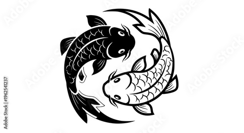 Yin yang koi fish tattoo vector with modern circular composition and minimal design isolated on white