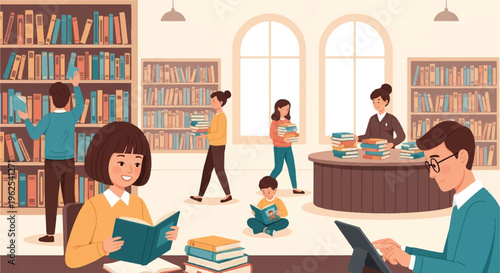 People reading and browsing books in library with bookshelves and windows