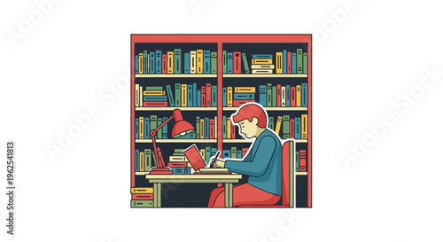 Person studying in library with books and lamp