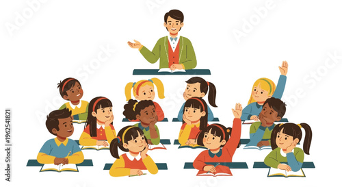 Classroom scene teacher and students studying illustration