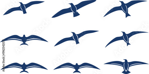 Dark blue seagulls flying in various directions on white background birds flying birds