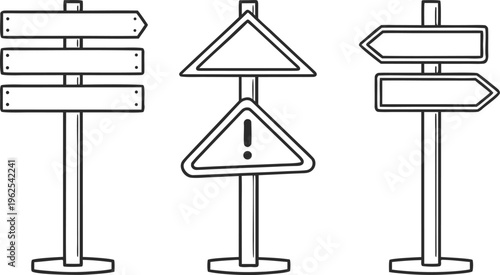 Hand drawn blank road signs on poles signposts blank signs black and white