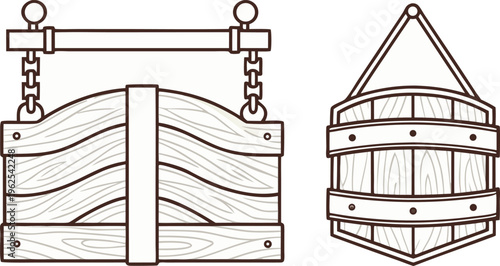 Wooden signboard and hanging bucket wood grain texture chains metal rod