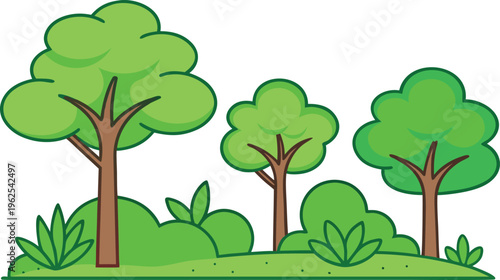 Cartoon trees and bushes with green leaves on grassy hill
