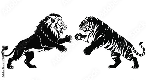 Black silhouette illustration of a majestic lion and a fierce tiger confronting each other in a dynamic battle.