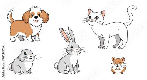 Adorable collection of cartoon pets featuring a dog cat rabbit and hamster drawings