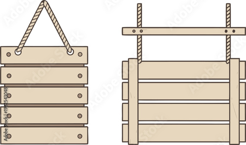 Wooden signboard with rope handle and hanging wooden gate