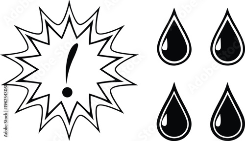Manga style exclamation mark in speech bubble with four teardrop shapes comic