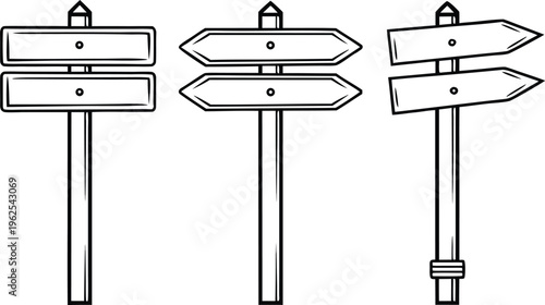 Hand drawn road signs on wooden posts direction signs black and white