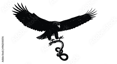 Powerful black eagle with outstretched wings clutching a coiled serpent in its sharp talons