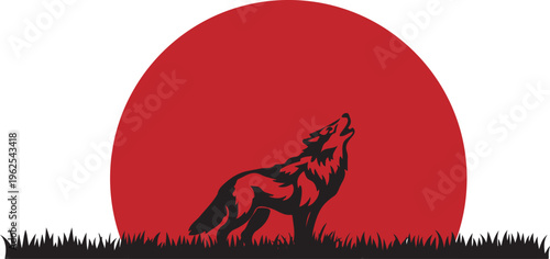 Howling Wolf Silhouette with Red Sun and Grass Vector Illustration – Lone Timber Wolf Wildlife Art for T-Shirts, Stickers, and Minimalist Wall Decor