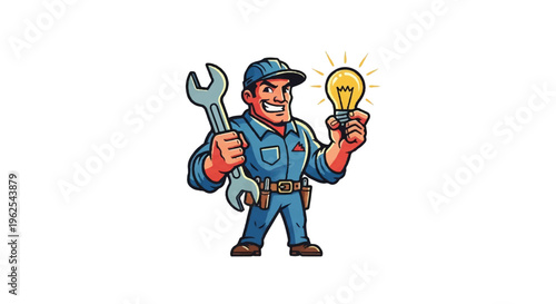 Cartoon repairman holding wrench and lightbulb concept