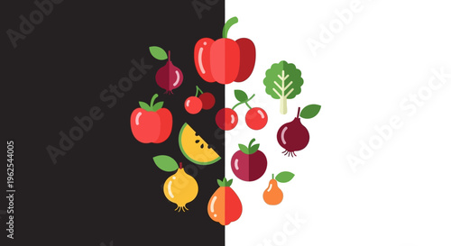 Colorful illustration of various fruits and vegetables.