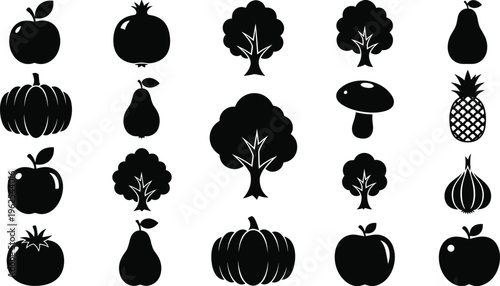 Fruit silhouette icons, tree vector shapes, black outline produce, mushroom pumpkin apple pear, natural forms illustration, simple design, organic pattern graphics
