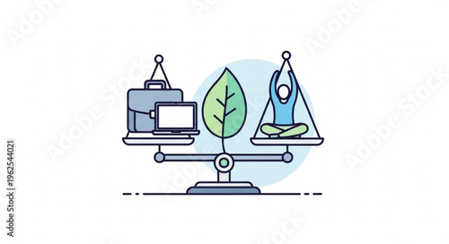 Balancing Work and Wellness - Scales with Laptop and Yoga Pose.