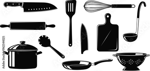 Kitchen utensil silhouette illustrations, cookware culinary artwork, cooking tool design collection, black white figure set, stylized food preparation profiles