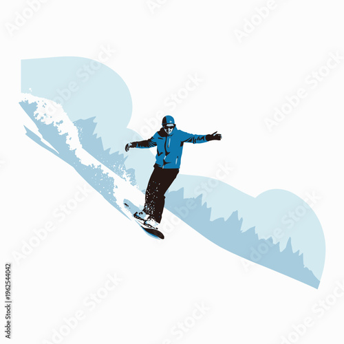Dynamic image of a snowboarder executing an exhilarating maneuver on a snowy slope with a striking blue backdrop and crisp white snow spray illustrating motion and thrill