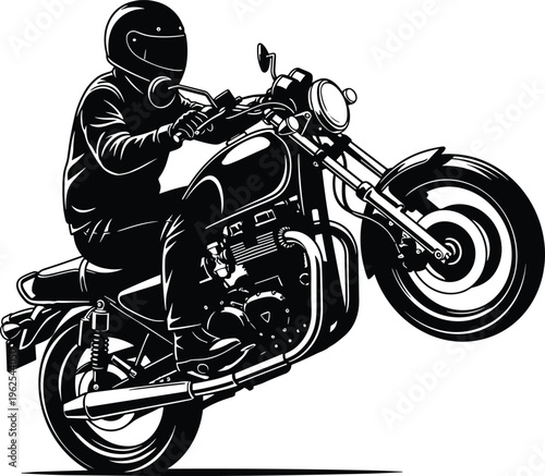 Motorcycle wheelie silhouette illustration, stunt rider artwork, extreme sport design collection, black white figure set, stylized action profiles