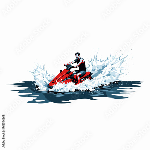 Person Enjoying Fast-Paced Water Adventure on Red Jet Ski Amidst Splashing Waves Under Clear Sky
