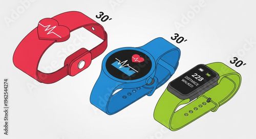 Three Smartwatches Displaying Health Metrics at a 30-Degree Angle.