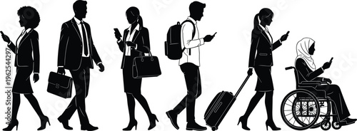 Mobile phone icons, professional silhouette, business attire, commuting lifestyle, suitcase travel, wheelchair user, modern communication, smartphone habit, office design, vector illustration