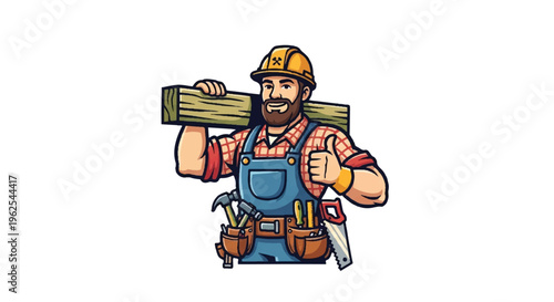 Cartoon carpenter carrying wood and giving thumbs up