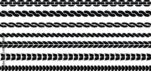 Eight diverse black chain and braided line patterns displayed horizontally on a clean white surface