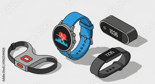 Selection of Wearable Health and Fitness Trackers with Heart Rate Monitoring.