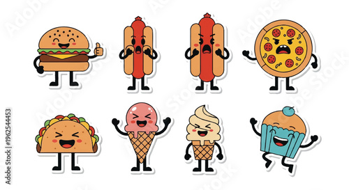 Cartoon food characters with happy and angry expressions