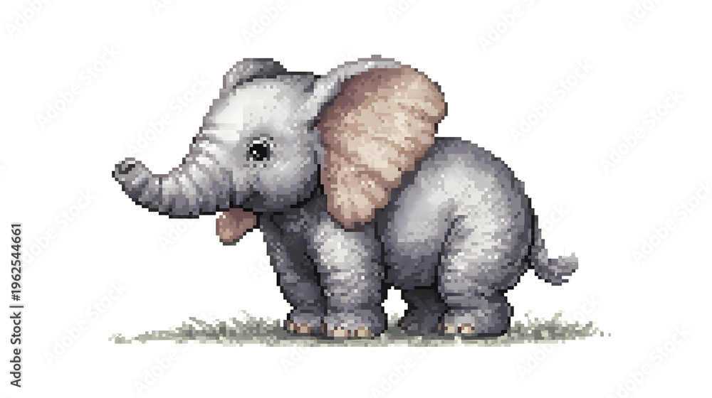 Fototapeta premium Cute Baby Elephant Standing Side View Detailed Pixel Art Illustration