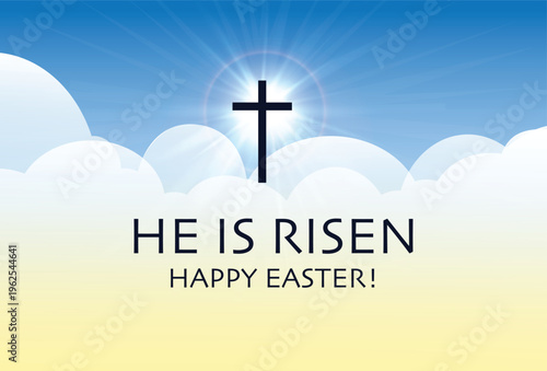 He Is Risen Cross Sky Happy Easter Message Vector Background