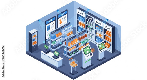 Isometric View of a Modern Self-Checkout Grocery Store.