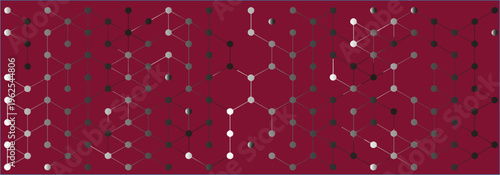 Dark red background with a grid of interconnected grey and white nodes and lines forming a geometric network pattern