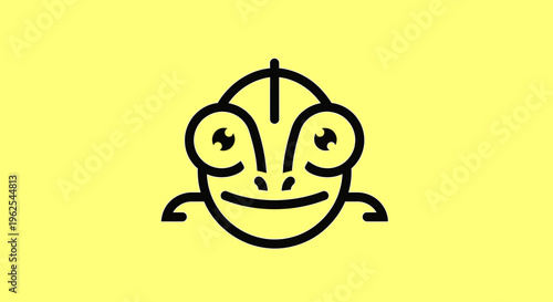 Cute minimalist line art chameleon illustration on bright yellow background. Simple stylized reptile head cartoon. Modern animal icon.