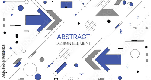 Abstract geometric composition with blue and grey arrows circles lines and rectangles on a white background