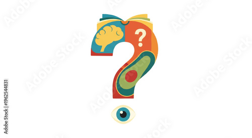 Colorful question mark illustration with conceptual elements
