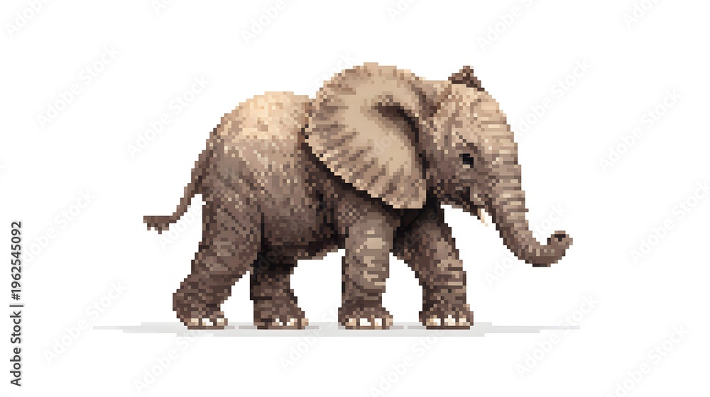Fototapeta premium Cute Baby Elephant Standing Side View Detailed Pixel Art Illustration