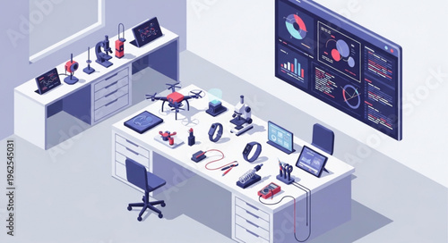 Isometric View of a Modern Tech Lab with Gadgets and Screen.