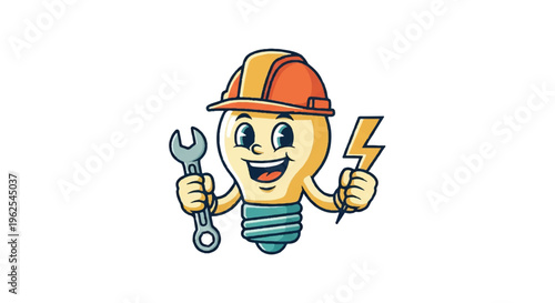 Cartoon lightbulb character with tools and lightning symbol