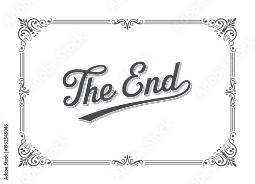 The end text in a vintage style script font centered inside a decorative rectangular border with ornate corner flourishes and double lines on a white background