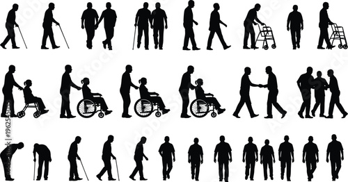 Elderly silhouettes, caregiver assistance, walking support, wheelchair mobility, companionship care, aging population, healthcare illustration, senior lifestyle, medical support, social interaction