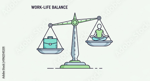 Work-Life Balance Depicted on Scales with Meditating Person and Briefcase.