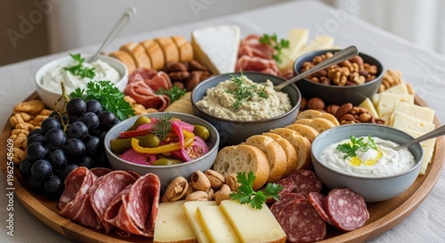 Delicious charcuterie board with assorted meats cheeses crackers and dips