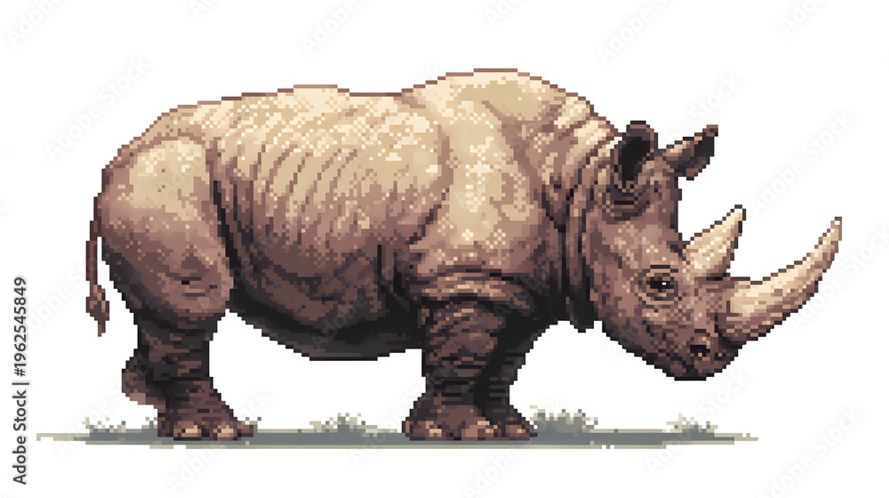 Fototapeta premium Pixel art illustration of a powerful rhinoceros with long horn.