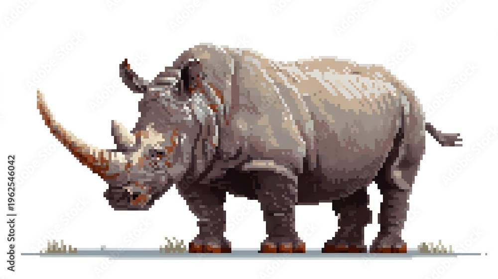 Fototapeta premium Pixel art illustration of a powerful rhinoceros with long horn.