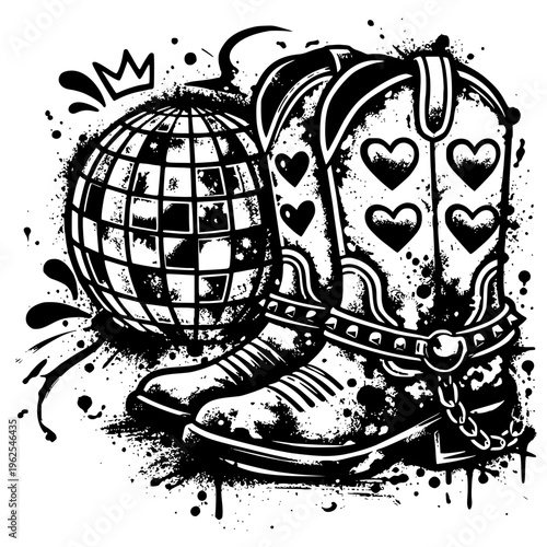 black and white illustration of cowboy boot with disco ball