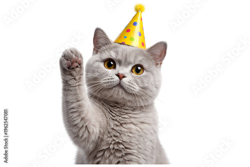 Celebrating british shorthair cat wearing party hat and waving paw